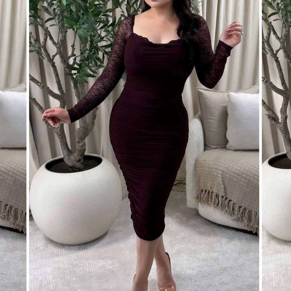 Elegant Burgundy Lace Sleeve Dress size L